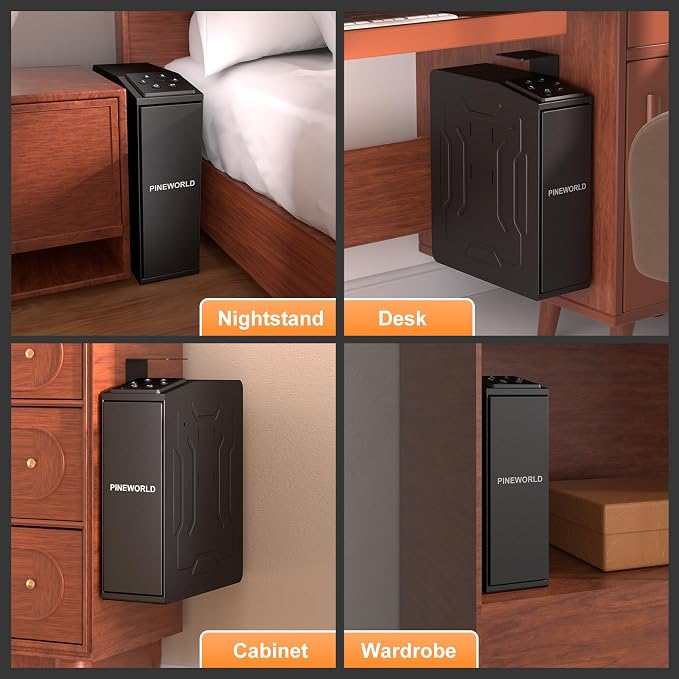 Biometric Slider Figerprint Handgun Safe with Auto Sliding Door&Keypad&Key | PINEWORLD Interior Light & Emergency Power Supply& Voice Navigation & Mute Mode, For Home, Nightstand, Car,Travel. Nice Gift