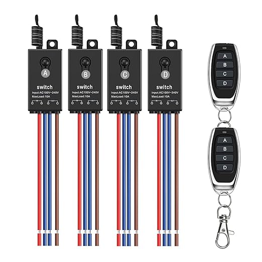 4 Way Mini Remote Control Switch,AC 110V/120V/220V/240V/10A Relay ON/Off Switch with 328FT Long Range,Wireless Light Switch and Receiver Kit for Motor,Lamps,LED Lights,Fans(4 Receivers)