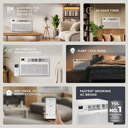 TCL H8T9E1-A 8,000 BTU Smart Through-The-Wall Air Conditioner, Fan & Dehumidifier, 350 Sq. Ft, Remote Control, Compatible with Alexa/Google Assistant, White