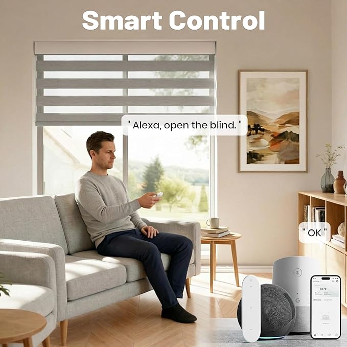 Motorized Zebra Blinds Smart Blinds with Remote Electric Shades for Indoor Windows Light Filtering Automatic Dual Layer Horizontal Shades Compatible with Google Alexa Grey 33" W X 72" H