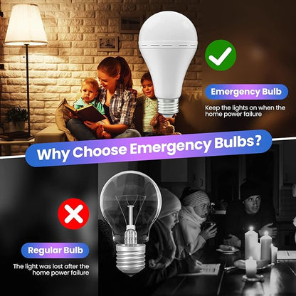 Emergency Rechargeable Led Light Bulb with Hook,Stay Lights Up When Power Failure, 1500mAh 12W 60W Equivalent LED Light Bulbs for Home, Camping, Hiking, 4 Pack