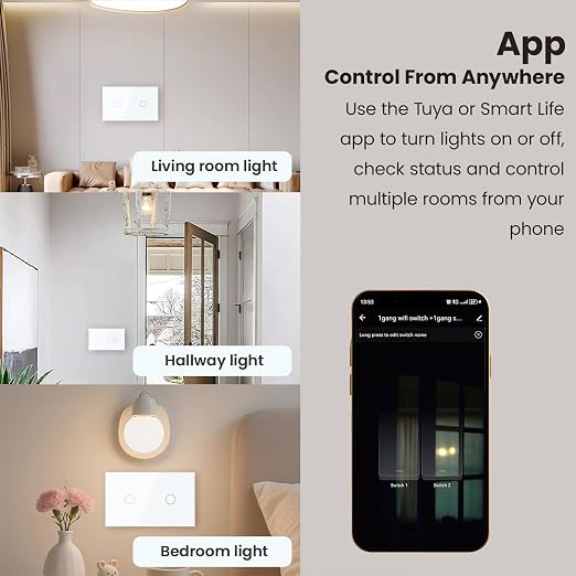Smart Switch Neutral Wire Optional,APP Control,White 2 Button | 4.65 X 2.83 X 1.34 Inches,Only 2.4GHz Wi-Fi,Voice Control,Work with Tuya/Smart Life/Alexa,Tempered Glass Panel