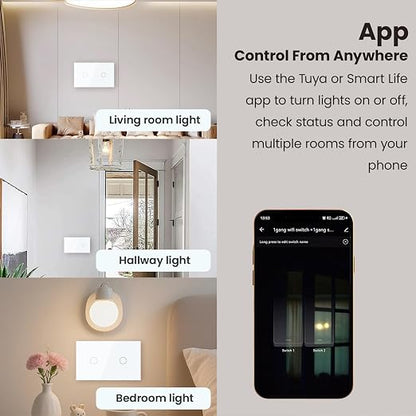 Smart Switch Neutral Wire Optional,APP Control,White 2 Button | 4.65 X 2.83 X 1.34 Inches,Only 2.4GHz Wi-Fi,Voice Control,Work with Tuya/Smart Life/Alexa,Tempered Glass Panel