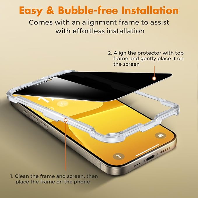 UNBREAKcable Privacy Screen Protector for iPhone 15 Pro, Anti-Spy Shatterproof Tempered Glass [True 28°Anti Spy] [9H Hardness] [Easy Installation Frame] Black Protector for Apple iPhone 6.1" - 2 Pack