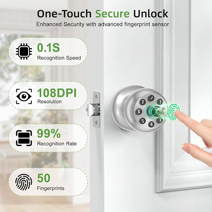 Fingerprint Door Knob, Smart Door Knob, Biometric Door Knob with Code, App Control, Auto Lock, Fingerprint Door Lock,Thumb Print Door Knobs for Bedroom, Office, Apartment,Satin Nickel