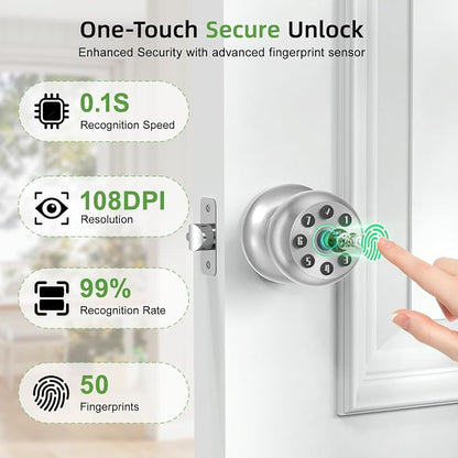 Fingerprint Door Knob, Smart Door Knob, Biometric Door Knob with Code, App Control, Auto Lock, Fingerprint Door Lock,Thumb Print Door Knobs for Bedroom, Office, Apartment,Satin Nickel