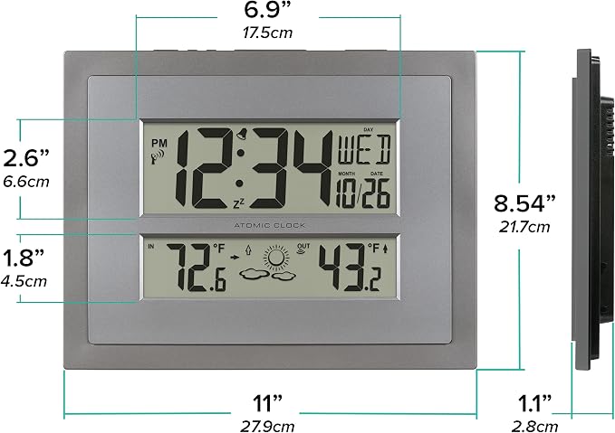 La Crosse Technology 512-85937 Gray Atomic Digital Clock with Temperature | Color: Gray/Silver, Forecast, Atomic Time, DST reset, Crescendo Alarm, Wireless 330ft range transmits Outdoor temperature