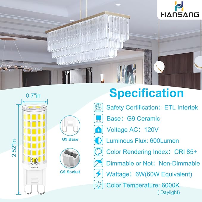 G9 Led Light Bulb,6W Chandelier Light Bulbs (60W Halogen Equivalent),88PCS LED,6000K Daylight White,Non-dimmable,G9 Bi Pin Base,360 Degrees Beam Angle,600LM,Pack of 6