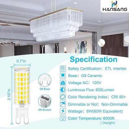 G9 Led Light Bulb,6W Chandelier Light Bulbs (60W Halogen Equivalent),88PCS LED,6000K Daylight White,Non-dimmable,G9 Bi Pin Base,360 Degrees Beam Angle,600LM,Pack of 6