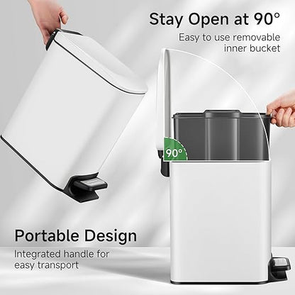 TIPGO Slim Bathroom Trash Can with Lid Soft Close, Step Pedal, 6 Liter / 1.6 Gallon Stainless Steel Trash Bin, Small Garbage Cans for Bedroom, Office, Kitchen (White)