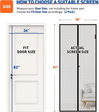 MAGZO Magnetic Screen Door 2 Pack Fit Door Size 36 x 82 Inch, Screen Size 38" x 83" Strong Magnets Mesh, Reinforced Fiberglass Net for Patio and Front Entrances, Gray