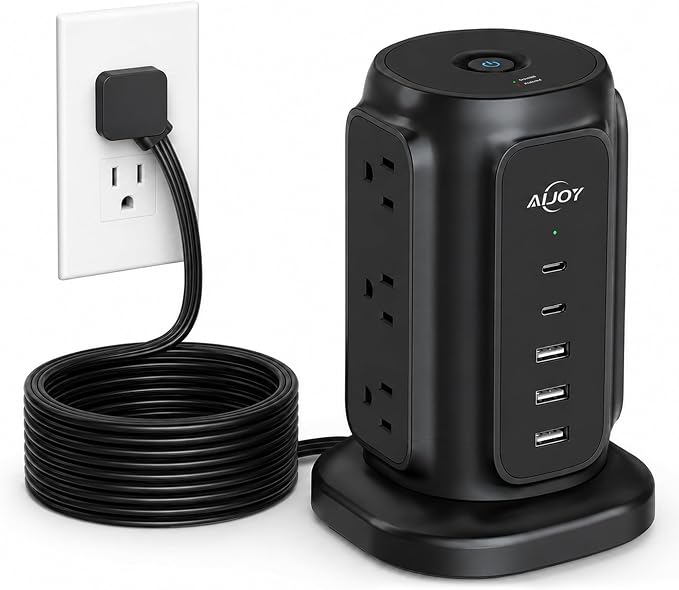 AiJoy 10FT Flat Plug Power Strip Tower with 9 AC Outlets and 5 USB Ports | 1200J Surge Protector Power Strip Outlet Extender Charging Station for Home, Office Supplies, Dorm Essentials