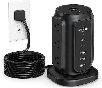 AiJoy 10FT Flat Plug Power Strip Tower with 9 AC Outlets and 5 USB Ports | 1200J Surge Protector Power Strip Outlet Extender Charging Station for Home, Office Supplies, Dorm Essentials