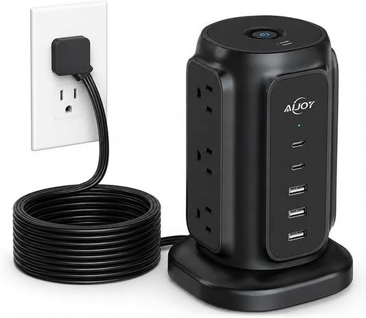 AiJoy 10FT Flat Plug Power Strip Tower with 9 AC Outlets and 5 USB Ports | 1200J Surge Protector Power Strip Outlet Extender Charging Station for Home, Office Supplies, Dorm Essentials