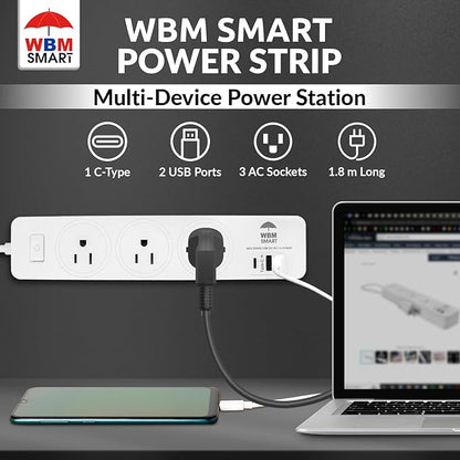 WBM Smart Power Strip 5.9 ft 10 A - Extention Cord Socket, Pack of 2 with 2 USB Ports and 1 Type C Plug, Multi Outlet Extender for Home, Office and Dorm Room