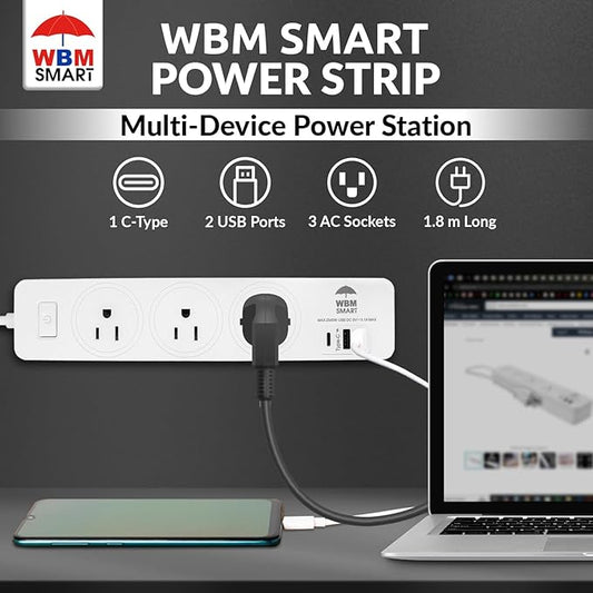 WBM Smart Power Strip 5.9 ft 10 A, Extention Cord Socket with 2 USB Ports and 1 Type C Plug, ETL Certified, Multi Outlet Extender for Home, Office, and Dorm Room