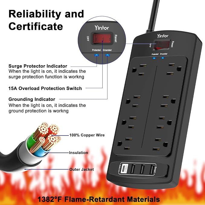 Yintar 6Ft Surge Protector Power Strip with 8 Outlets and 4 USB Ports | 6 Feet Flat Plug Extension Cord with Multiple Outlets for Home, Office, Dorm Essentials, 2700 Joules, ETL, Black