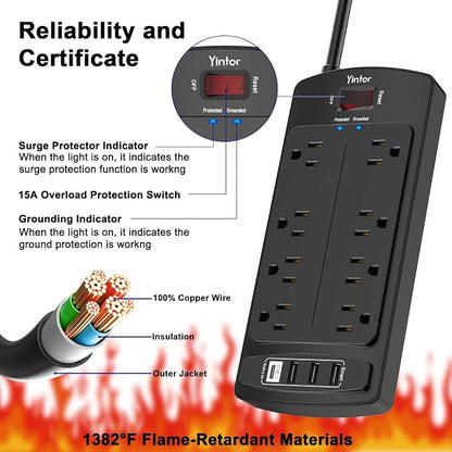 Yintar 6Ft Surge Protector Power Strip with 8 Outlets and 4 USB Ports | 6 Feet Flat Plug Extension Cord with Multiple Outlets for Home, Office, Dorm Essentials, 2700 Joules, ETL, Black