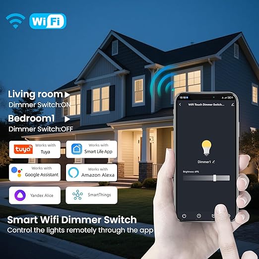 Smart Dimmer Switch 4.65 X 2.83 X 1.34 Inches,Neutral Wire Required,2.4GHz WiFi Dimmer Light Switch,Tempered Glass Panel,Work with Tuya/Smart Life,White WiFi Dimmer
