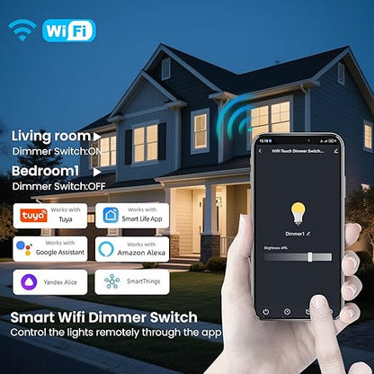 Smart Dimmer Switch 4.65 X 2.83 X 1.34 Inches,Neutral Wire Required,2.4GHz WiFi Dimmer Light Switch,Tempered Glass Panel,Work with Tuya/Smart Life,White WiFi Dimmer