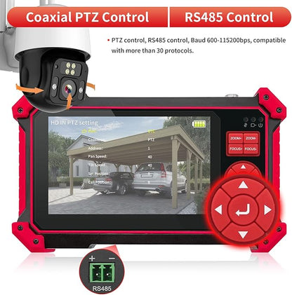 Rsrteng CCTV Tester Monitor Auto HD Coaxial Camera Tester 4K 8MP TVI/CVI/AHD/CVBS Video Monitor 5 inch TFT-LCD Screen Support Cable Tester, HD VGA Input PTZ Control RS485 OSD Menu DC12V Power Output