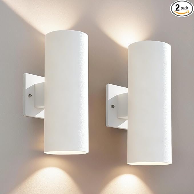 Outdoor Wall Lights, 12'' Up and Down LED Cylinder Exterior Lighting Fixtures, 23W 3000K IP65 Waterproof Wall Sconces for House, Garage, Patio, Porch, 2 Pack White