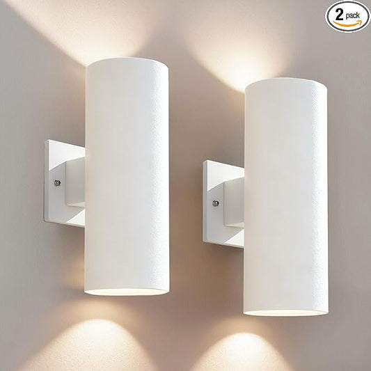 Outdoor Wall Lights, 12'' Up and Down LED Cylinder Exterior Lighting Fixtures, 23W 3000K IP65 Waterproof Wall Sconces for House, Garage, Patio, Porch, 2 Pack White