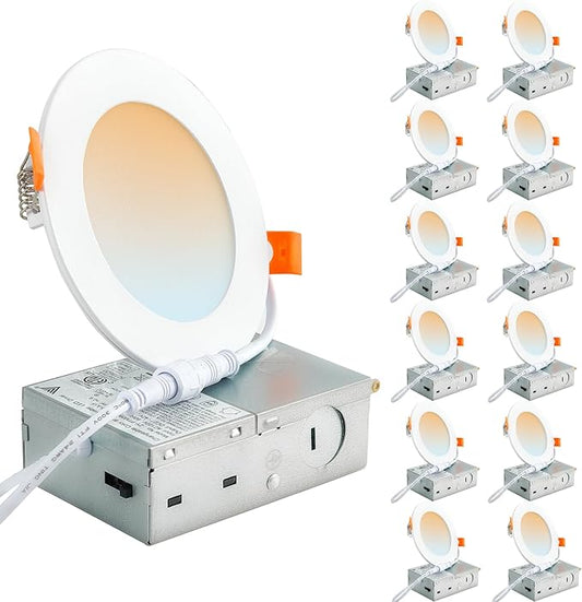 DLLT LED Recessed Ceiling Lights: 12 Pack 4 Inch 5CCT Ultra-Thin Lighting with Junction Box for Bedroom - 900LM Brightness 9W Eqv 90W Dimmable Canless Wafer Downlight with ETL&FCC