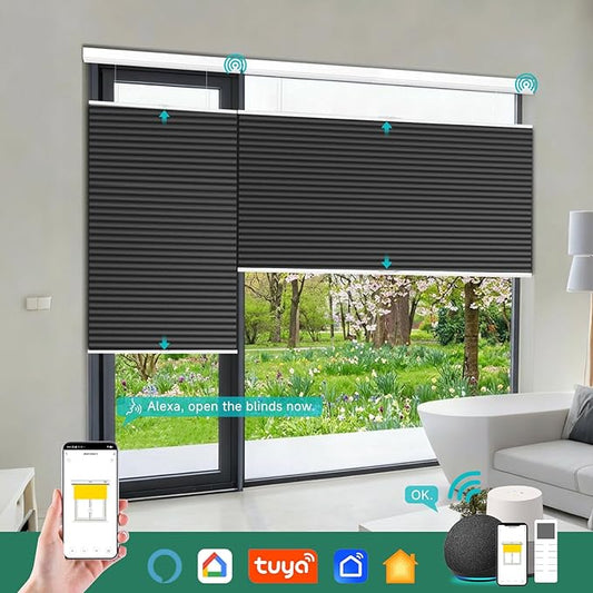 Motorized Top Down Bottom Up Cellular Shades with Remote, Custom Cordless Smart Honeycomb Blinds, Automatic Electric Blackout Window Blinds Compatible with Alexa Google for Home Office, Black