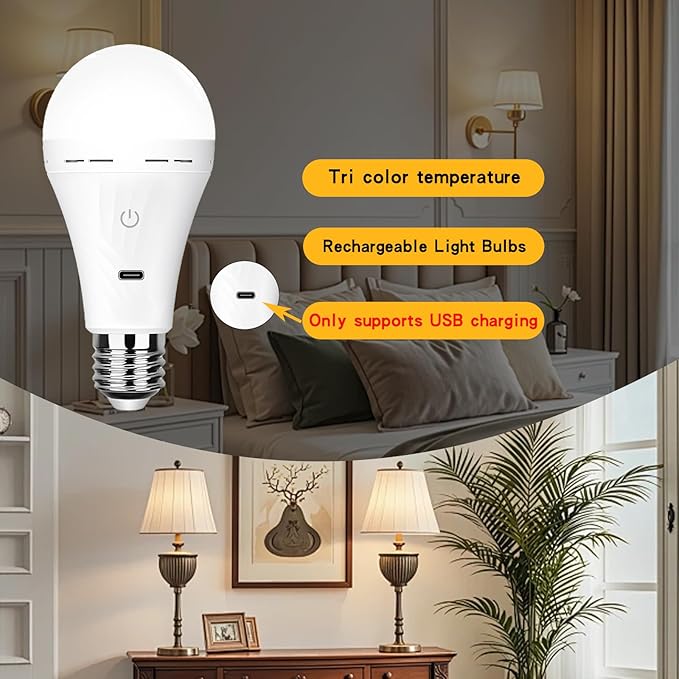 Rechargeable Battery Operated Light Bulbs for Non-Hardwired Fixtures with Remote and Timer, 3 Color Temps Dimmable Battery Backup Bulbs with Hooks for Decorative Lighting Outdoor Lighting