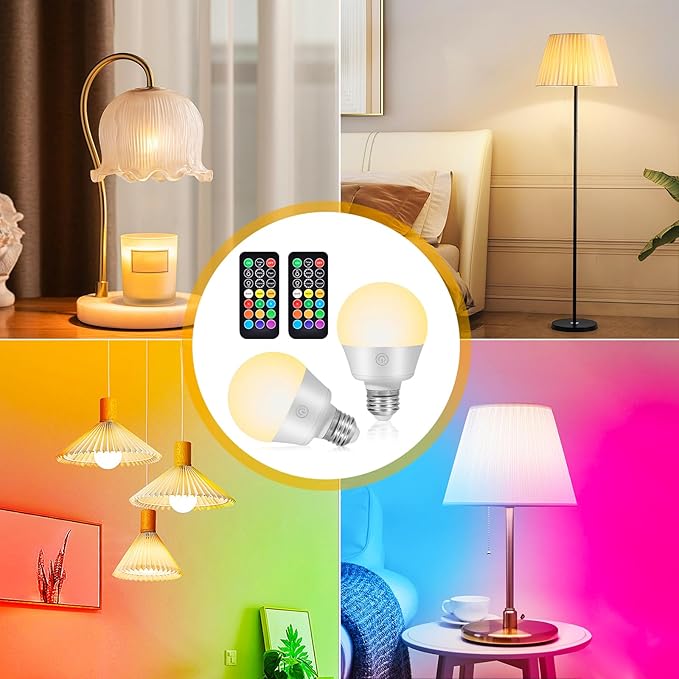 Lampelc E26 Battery-Operated Rechargeable Light Bulbs with Remote and Timer for Lamps, Sconces, and Non-Hardwired Fixture, 3 Color Temperatures + 9 RGB Colors, Detachable Charging – 2 Pack