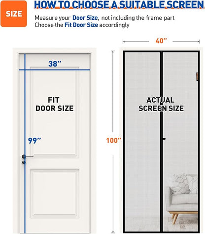MAGZO Magnetic Screen Door Fit Door Size 38 x 99 Inch, Screen Size 40" x 100" Strong Magnets Mesh, Reinforced Fiberglass Net for Patio and Front Entrances, Gray