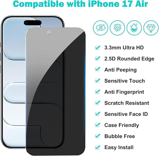 PEHAEL 3+3 Pack for iPhone Air/17 Air Privacy Screen Protector with Camera Lens Protector Full Coverage Anti-Spy Tempered Glass Film 9H Hardness Easy Installation Bubble Free [6.5 inch]