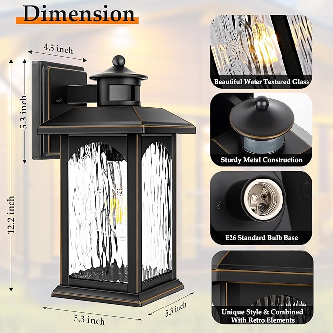 2 Packs Motion Sensor Outdoor Sconce - Advanced Dusk to Dawn Outdoor Lighting, Retro Motion Sensor Porch Light Fixtures, Black Waterproof Exterior Lantern Wall Mount for Garage, Outside, Anti-Rust