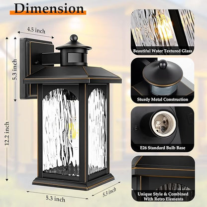 Motion Sensor Outdoor Lights - Retro Dusk to Dawn Outdoor Lighting, Advanced LED Motion Sensor Porch Light Fixtures, Black Waterproof Exterior Lantern Wall Mount for Front Garage, Entryway Anti-Rust