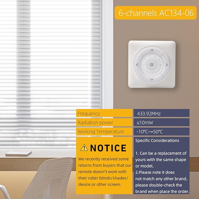 AC134-06 RF Wireless Wall Remote Control - 6 Channel Replacement Transmitter for Individual Shade, Group Room and Whole Home Shade Control
