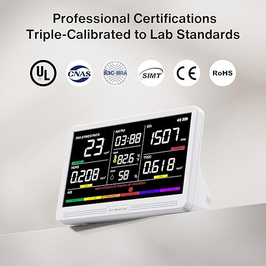 bonoch 16 in 1 Air Quality Monitor Indoor 7" Display 9 AQI+7 AQI Alerts, CO2 Monitor Air Quality Tester for CO2, TVOC, PM2.5 PM1.0 PM10, HCHO Temperature Humidity AQI & Time Air Quality Meter for Home