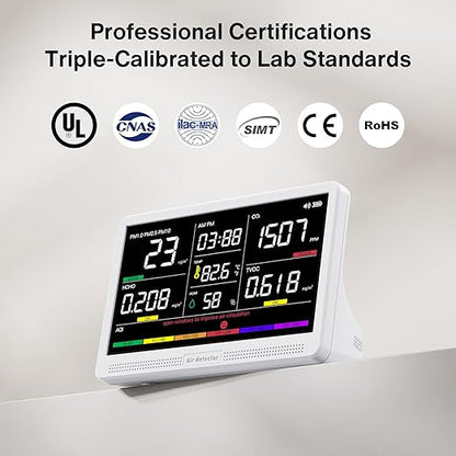 bonoch 16 in 1 Air Quality Monitor Indoor 7" Display 9 AQI+7 AQI Alerts, CO2 Monitor Air Quality Tester for CO2, TVOC, PM2.5 PM1.0 PM10, HCHO Temperature Humidity AQI & Time Air Quality Meter for Home