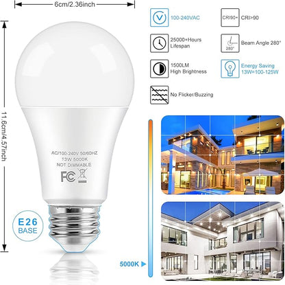 LED Light Bulbs, 100 Watt Equivalent A19 LED Bulbs, 13W 5000K Daylight White 1500 Lumens Non-Dimmable Bright E26 Edison Medium Screw Bulbs for Home Bedroom Living Room Office Outdoor Lamp, 30-Pack