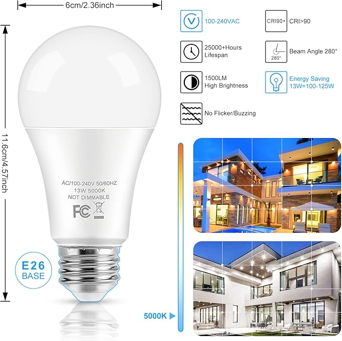 LED Light Bulbs, 100 Watt Equivalent A19 LED Bulbs, 13W 5000K Daylight White 1500 Lumens Non-Dimmable Bright E26 Edison Medium Screw Bulbs for Home Bedroom Living Room Office Outdoor Lamp, 20-Pack