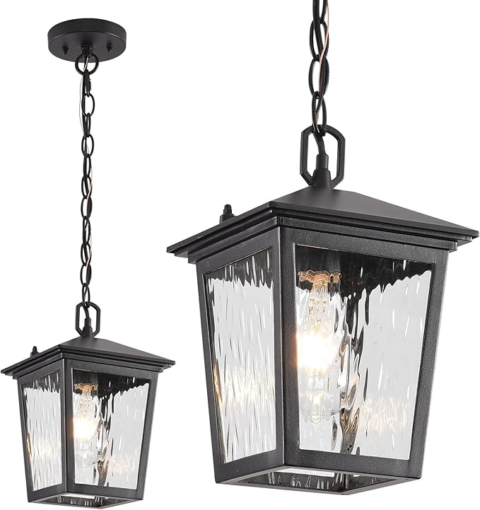 Outdoor Pendant Light, Black Outdoor Porch Light fixtures with Anti-Rust, Exterior Hanging Lantern, Height Adjustable Outside Chandelier with Water Glass for House Patio Garage