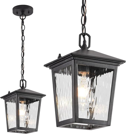 Outdoor Pendant Light, Black Outdoor Porch Light fixtures with Anti-Rust, Exterior Hanging Lantern, Height Adjustable Outside Chandelier with Water Glass for House Patio Garage