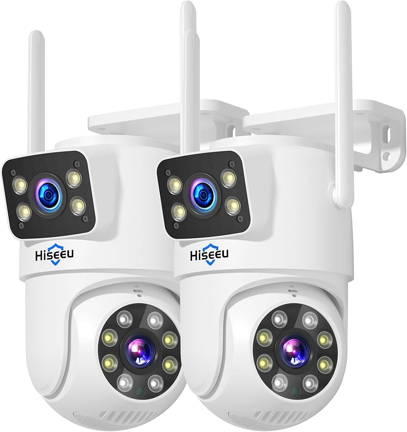 Hiseeu 2Pack Wireless Security Camera, 5G/2.4G WiFi, Dual Lens PTZ Camera Outdoor, Motion Tracking, Color Night Version, No-Monthly Fees, Power Cord, Works with Wireless Camera System/Alexa