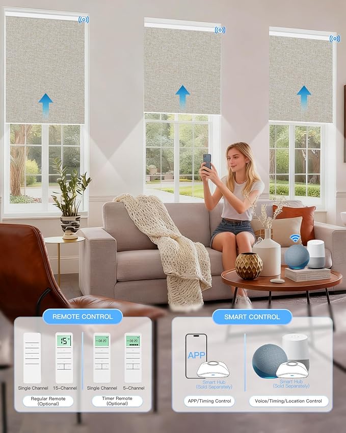 Tokblind Motorized Roller Shade with Remote Control, Blackout Electric Shade for Windows Compatible with Alexa Google via Hub, Rechargeable Smart Window Blind for Home Office (Fabric Beige)