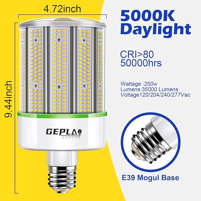 GEPLAD 2-Pack 250W LED Corn Bulb, 1000W Equivalent, E39 Mogul Base, 35,000 Lumens, 5000K Daylight, for Garage, Factory, Workshop, Warehouse, Barn（Non-Dimmable）