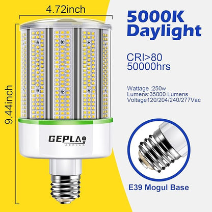 GEPLAD 2-Pack 250W LED Corn Bulb, 1000W Equivalent, E39 Mogul Base, 35,000 Lumens, 5000K Daylight, for Garage, Factory, Workshop, Warehouse, Barn（Non-Dimmable）