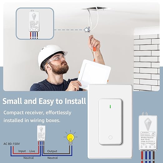 NineLeaf Wireless Light Switch and Receiver Kit, No Wiring RF Remote Control Switch, 1300FT Range, Programmable & Expandable,for Lights, Ceiling Fans, Lamps, 1000W LED(1Switch 3Receivers)