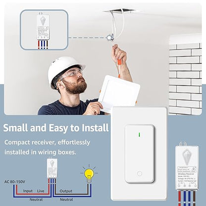 NineLeaf Wireless Light Switch and Receiver Kit, No Wiring RF Remote Control Switch, 1300FT Range, Programmable & Expandable,for Lights, Ceiling Fans, Lamps, 1000W LED(1Switch 2Receivers)
