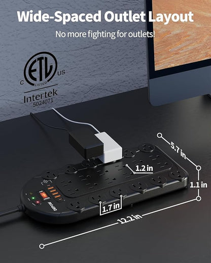 20 Ft Power Strip Surge Protector (3,400 Joules), DEPOW 24 AC Multiple Outlets (1875W/15A) with 6 USBs (2 USB-C Ports), ETL Listed, Flat Plug Heavy Duty Long Extension Cord for Home, Office, Black