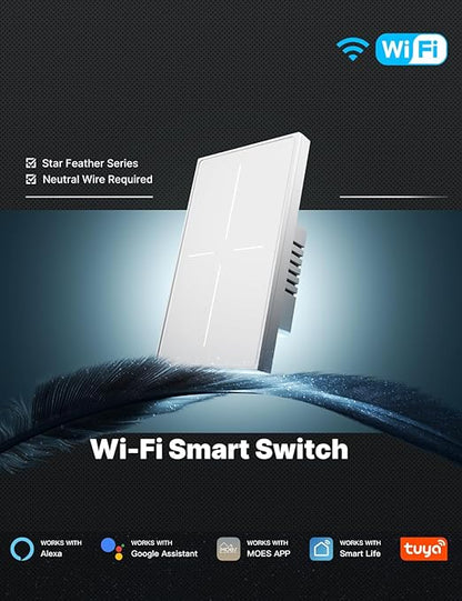 MOES Full Touch Smart Switch, SF(Star Feather 2026 Version) Wall Light Switch, Neutral Wire Required, Anti-Glare Panel, 2.4GHz WiFi Work with Smart Life/Tuya App, Alexa and Google Home White 4 Gang